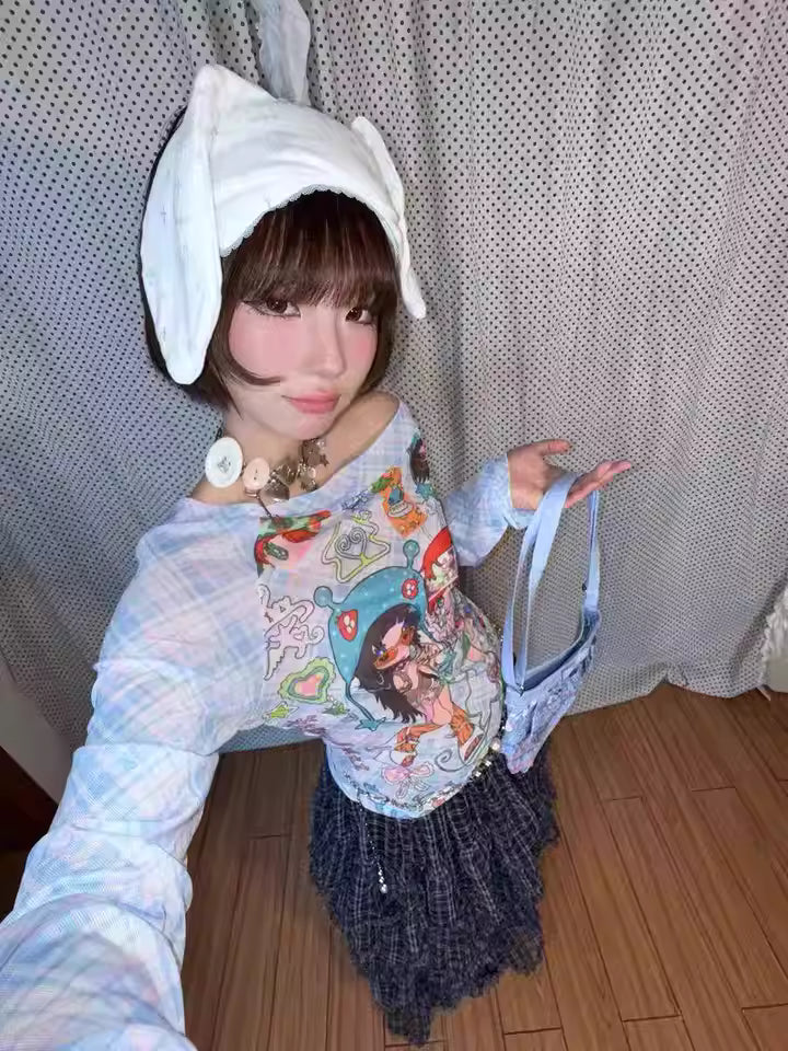 Sunonebird Retro Angel Girls Mesh Top