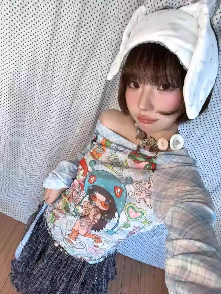 Sunonebird Retro Angel Girls Mesh Top