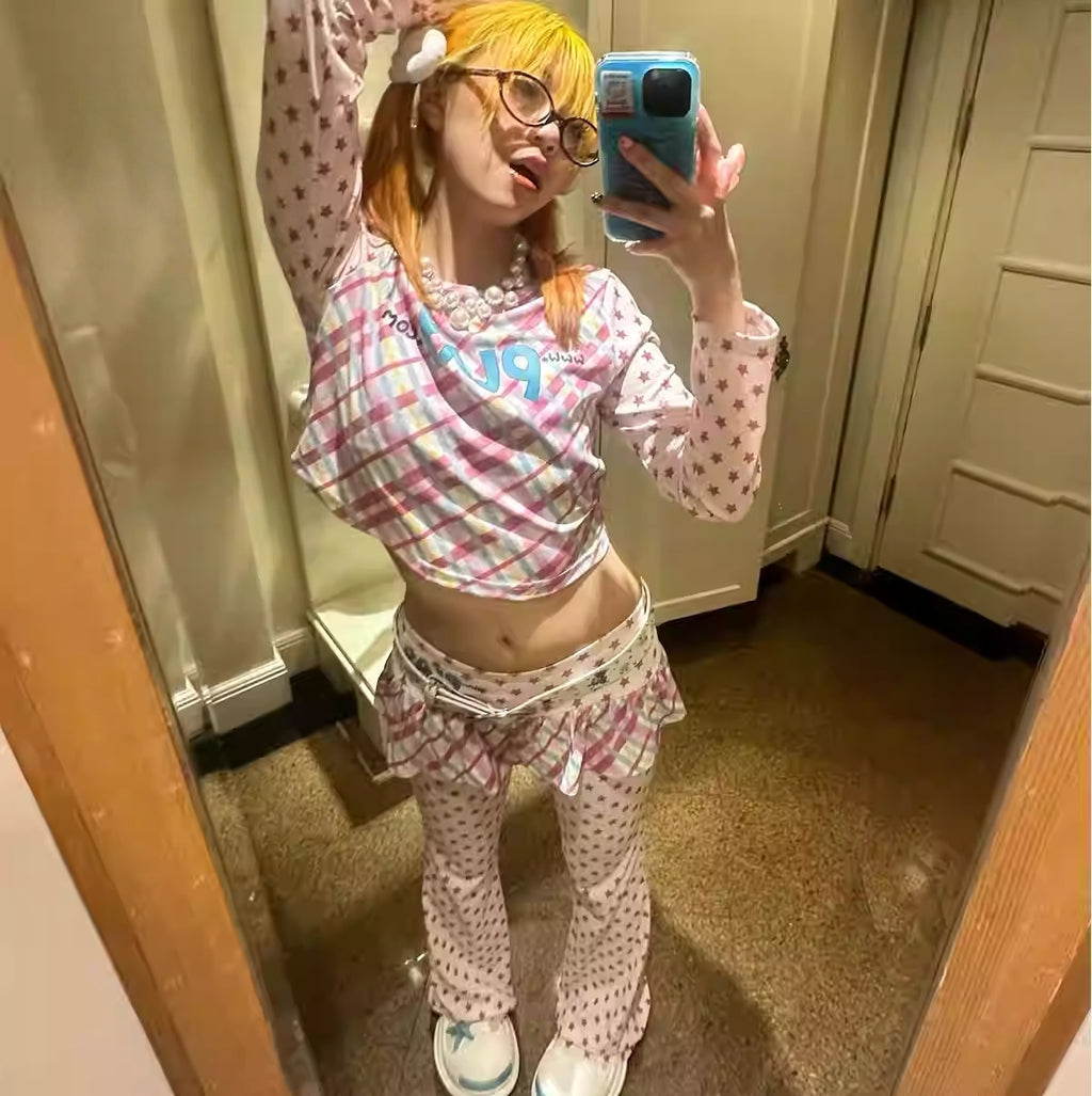 loveplayshop Star Print Flare Pants with Pleated Skirt Panel