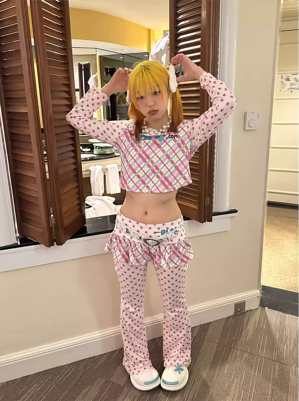 loveplayshop Star Print Flare Pants with Pleated Skirt Panel