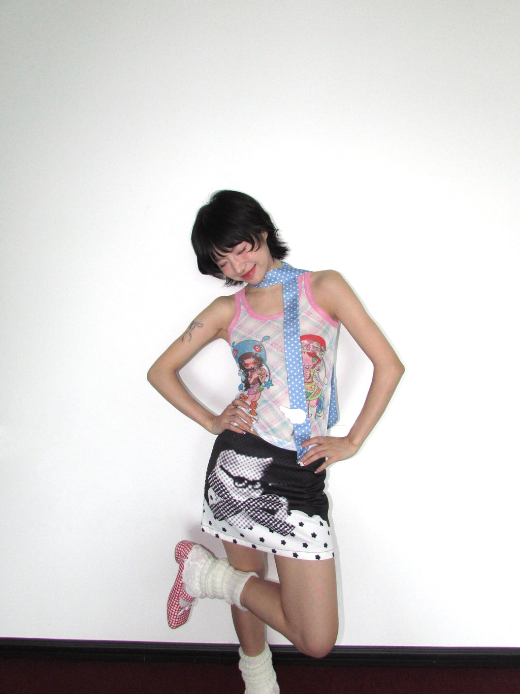 Checker Cat Star Mini Skirt