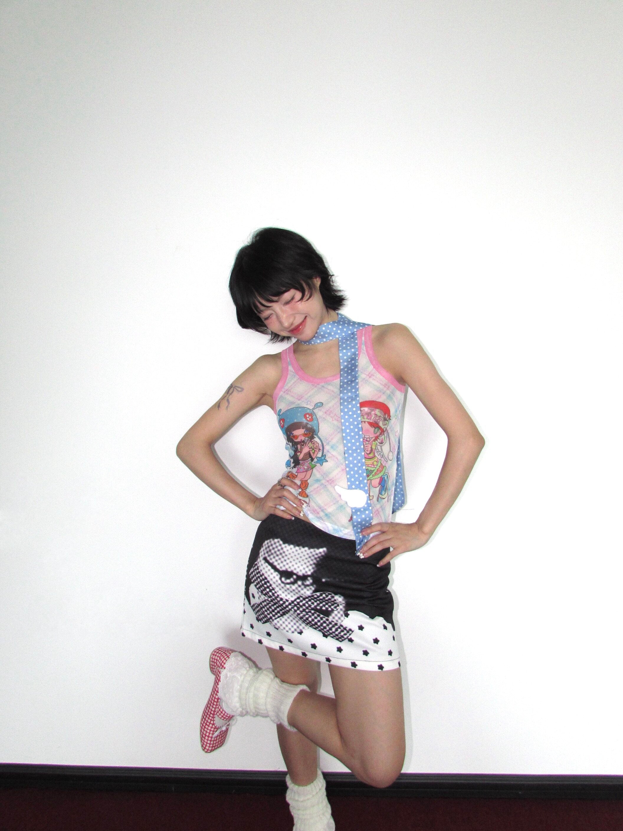 Checker Cat Star Mini Skirt