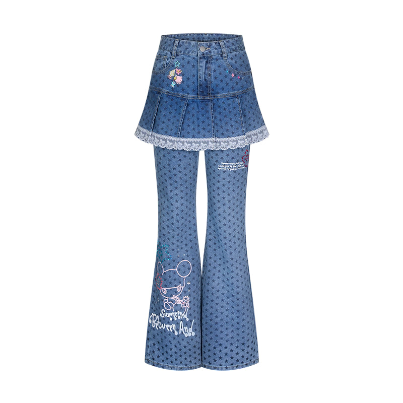 Sunonebird Star Print Denim Skort Flare Pants