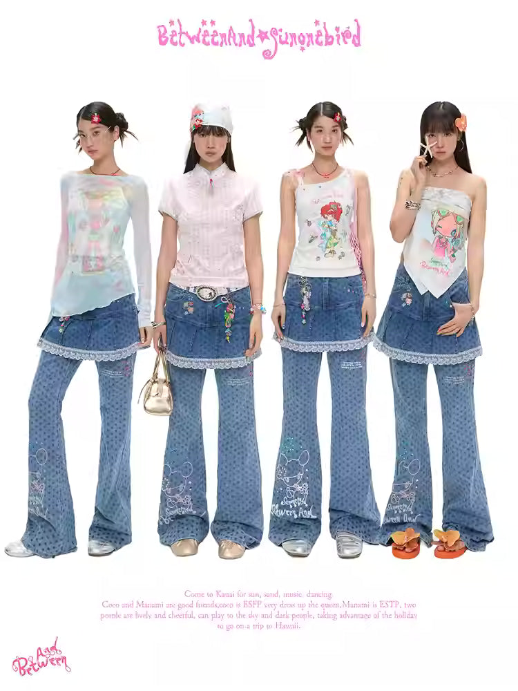 Sunonebird Star Print Denim Skort Flare Pants