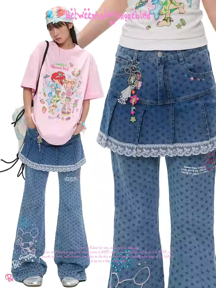 Sunonebird Star Print Denim Skort Flare Pants