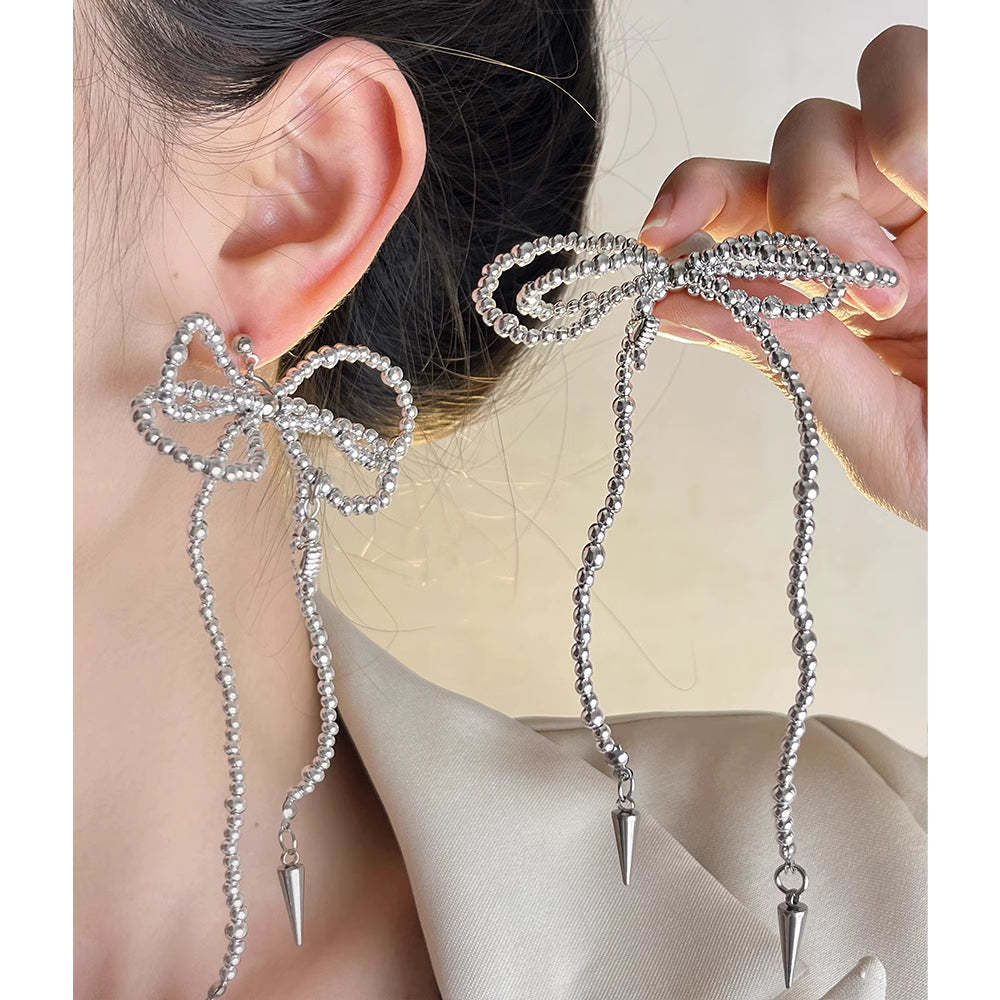 Beaded Bow Tassel Earrings