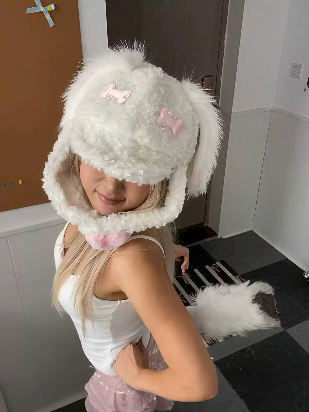 Pink Bone Fluffy Earflap Hat