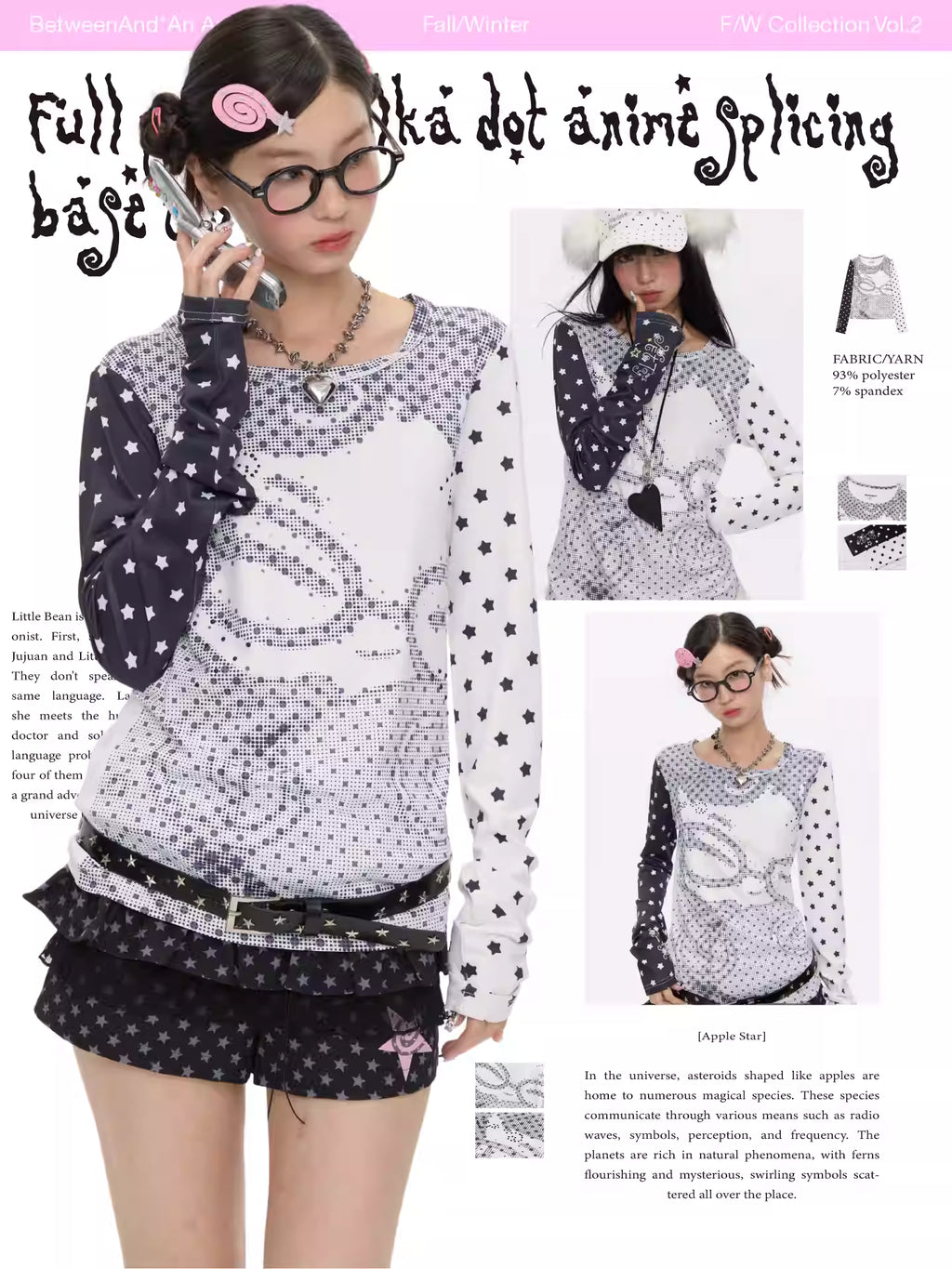 BETWEENAND Pixel Dot Anime Patchwork Long Sleeve Top