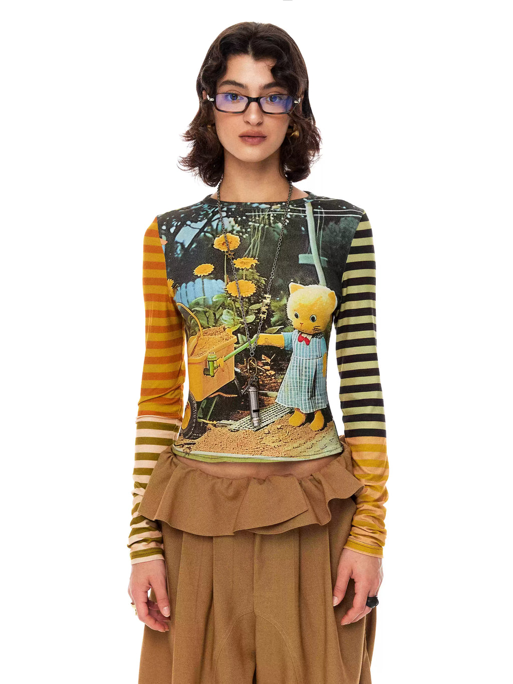 YSYK Garden Kitty Stripe Sleeve Top