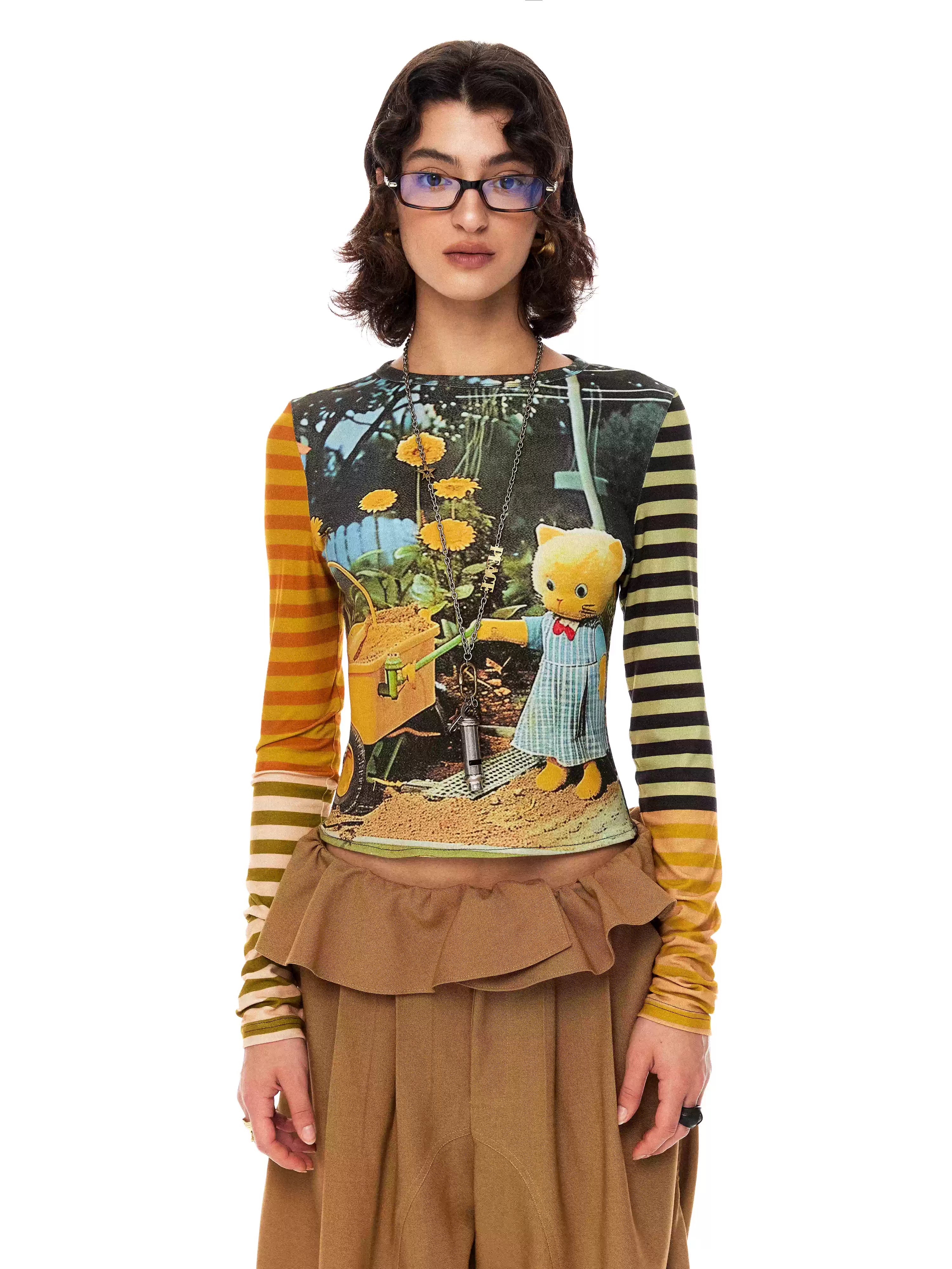 YSYK Garden Kitty Stripe Sleeve Top