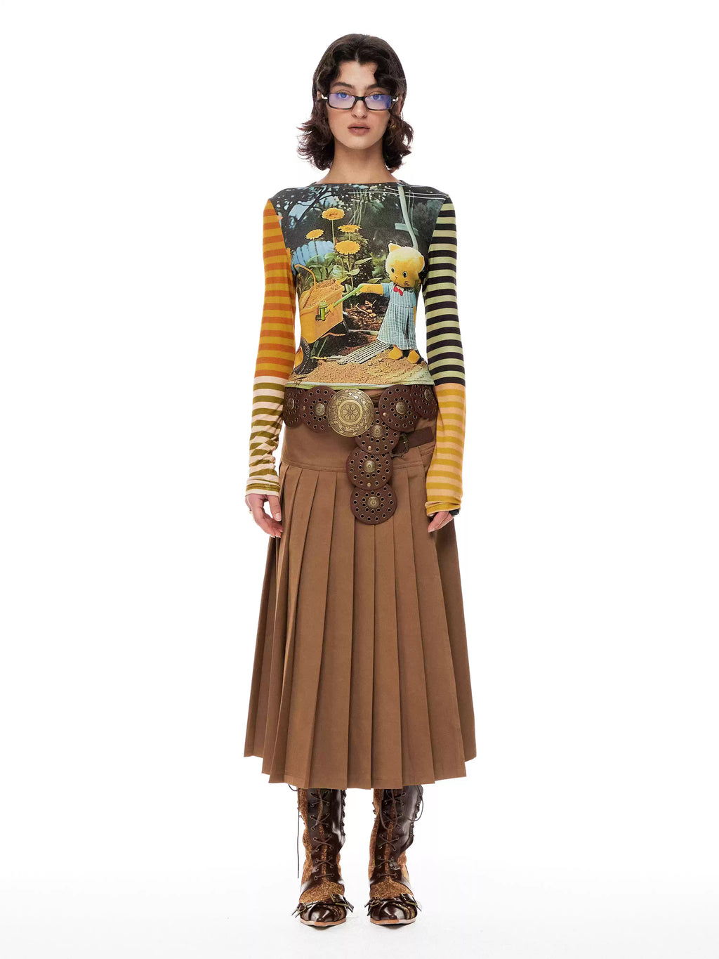 YSYK Garden Kitty Stripe Sleeve Top