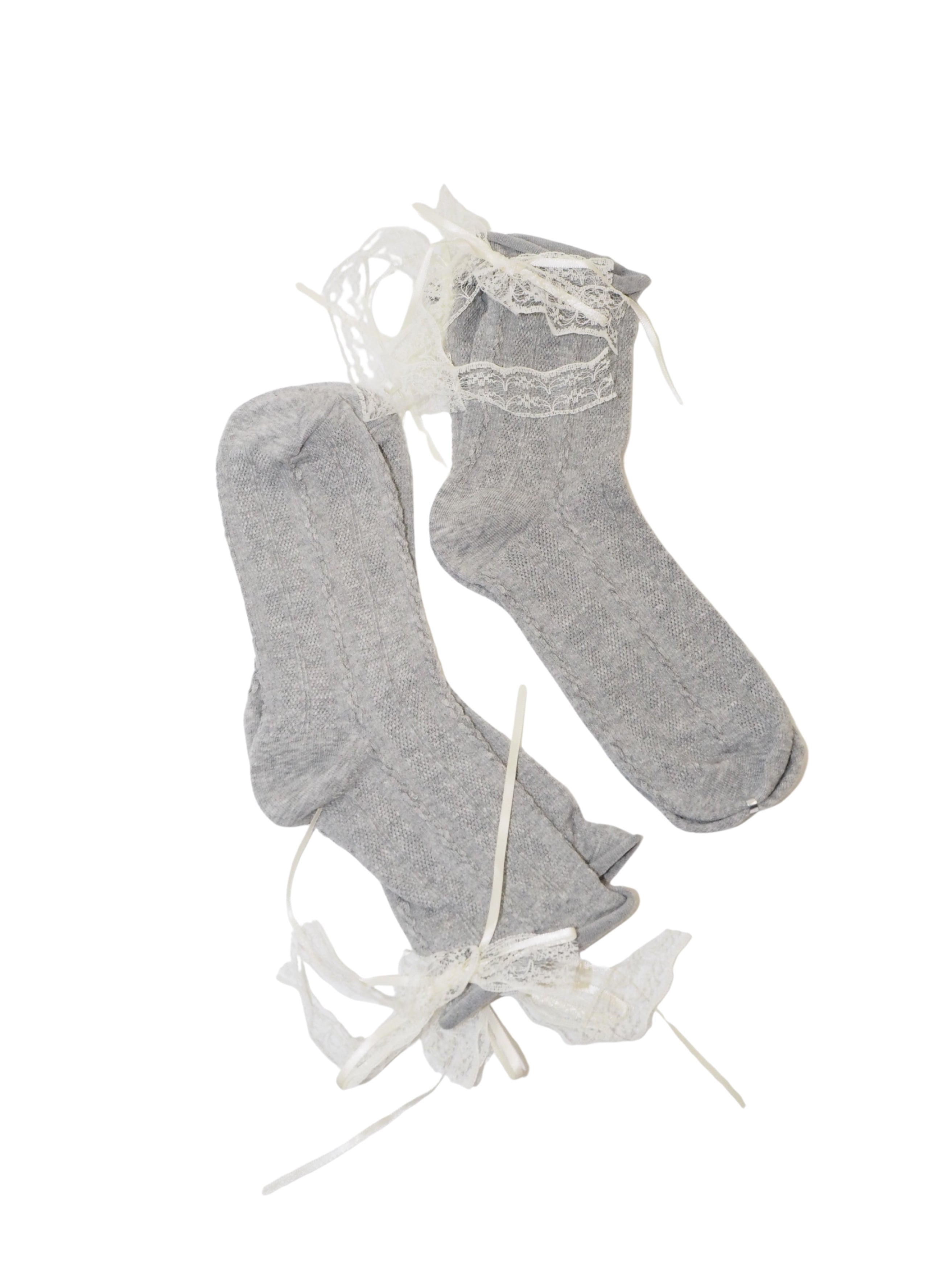 Rolled Cuff Lace Bow Mid-Calf Socks