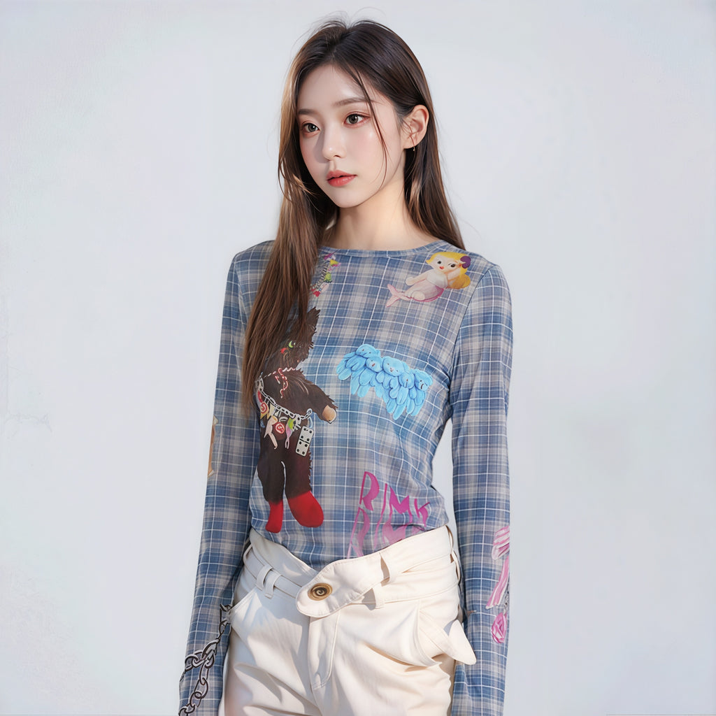 Doll & Cat Plaid Top