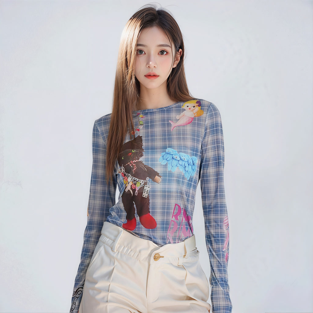 Doll & Cat Plaid Top