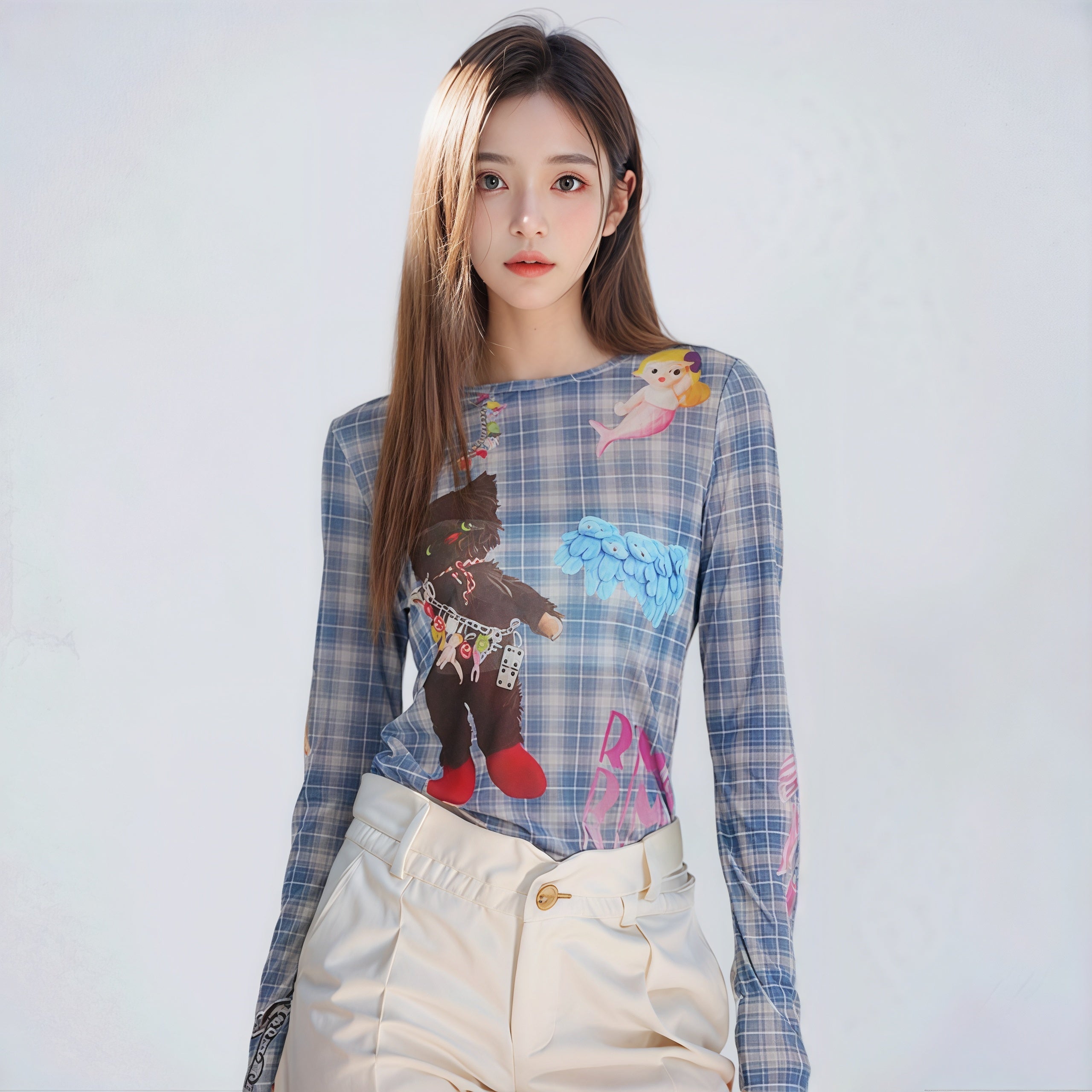 Doll & Cat Plaid Top