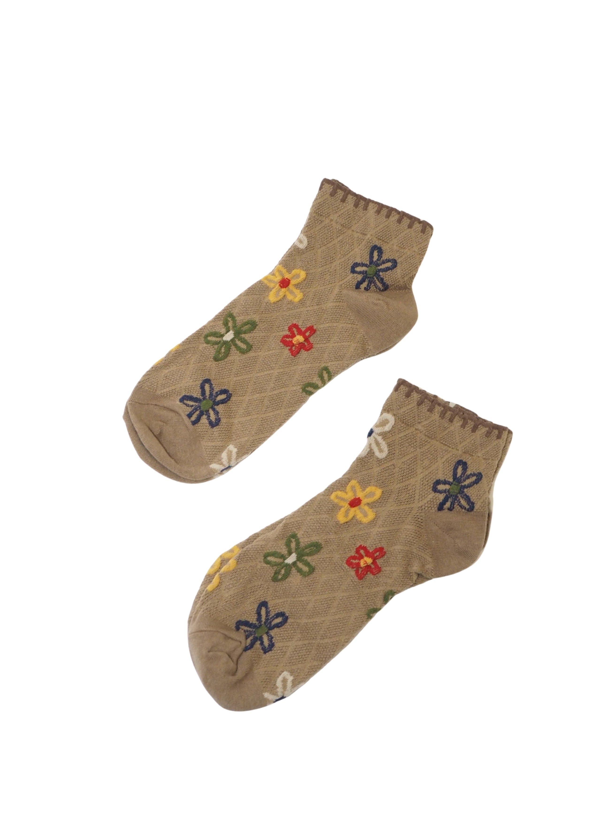 Puffy Floral Ankle Socks – Brown