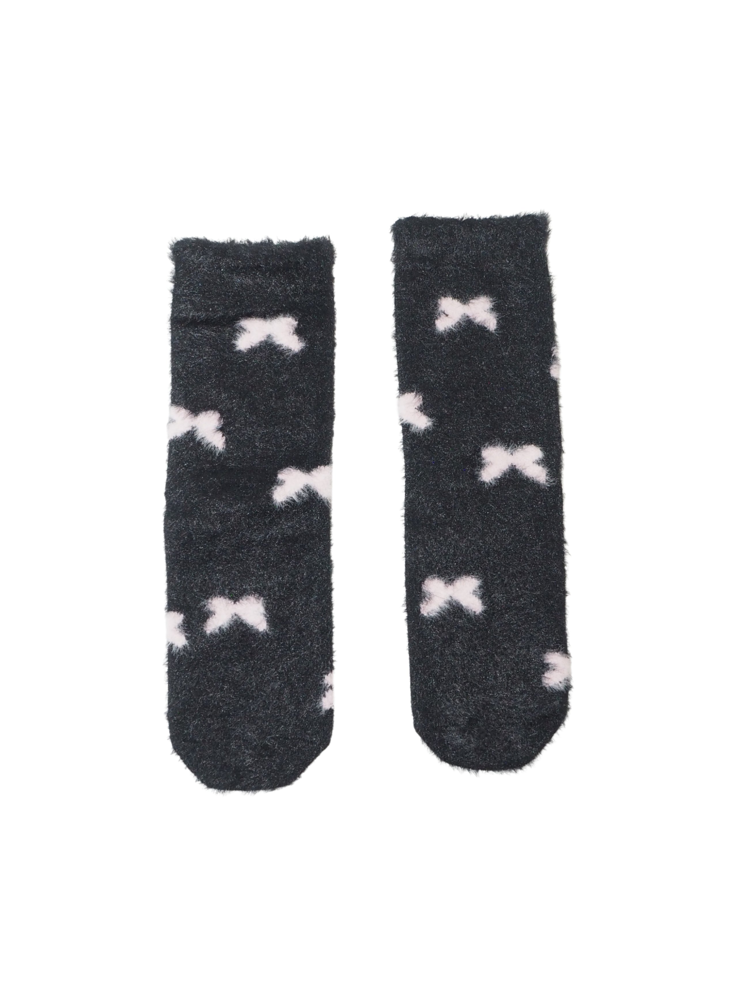 Plush Fuzzy Mid-Calf Socks – Black Pink Bows