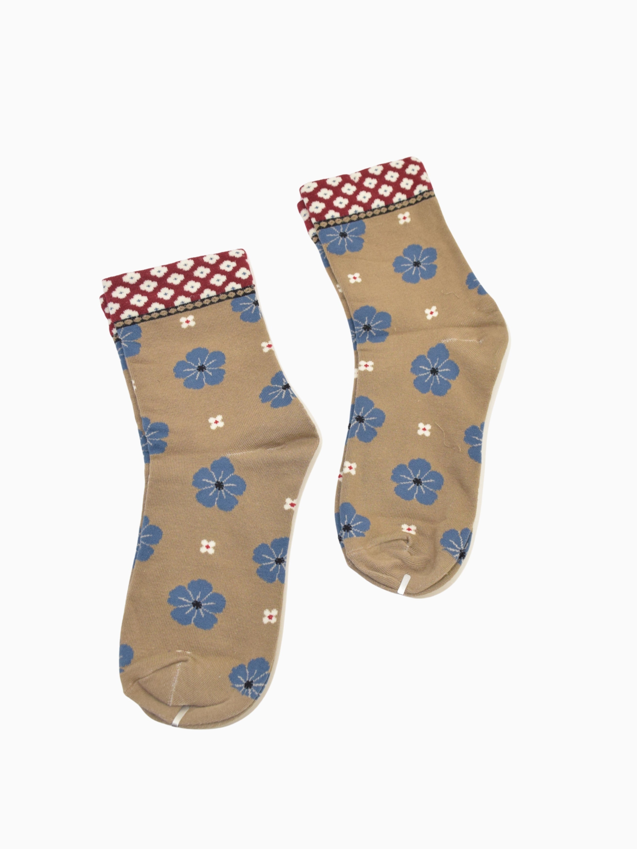 Contrast Cuff Floral Knit Mid-Calf Socks