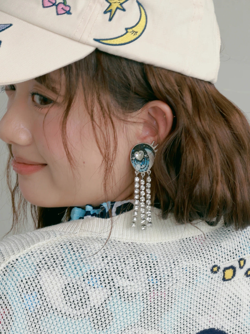 Blue Eye Heart Crystal Tassel Earrings