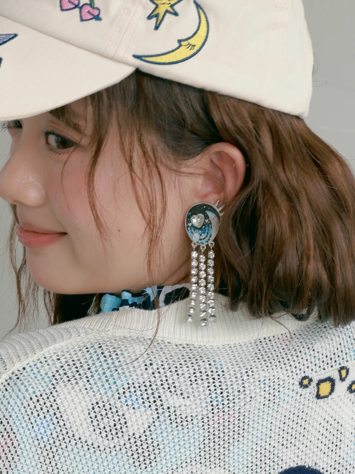 Blue Eye Heart Crystal Tassel Earrings