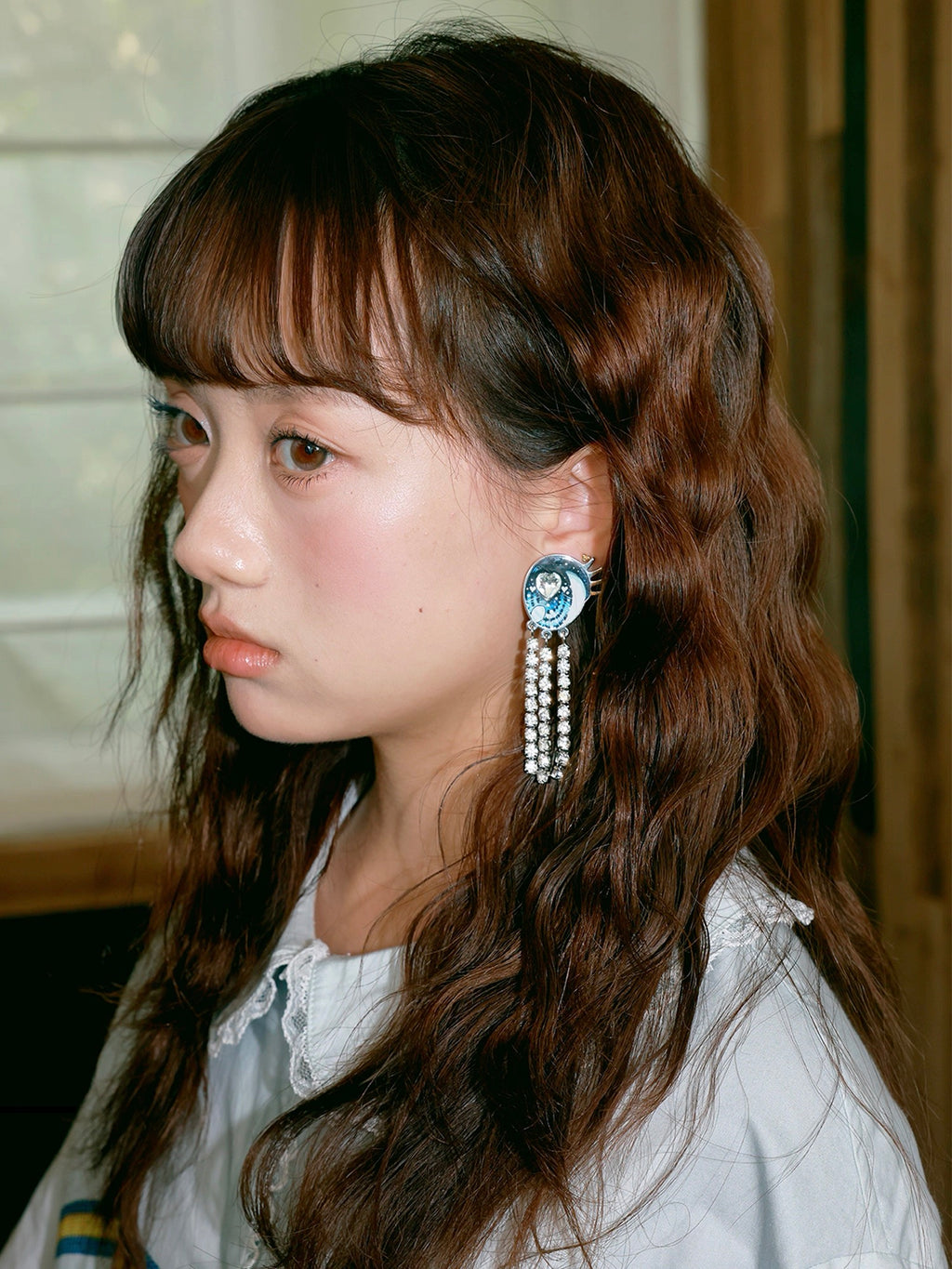 Blue Eye Heart Crystal Tassel Earrings