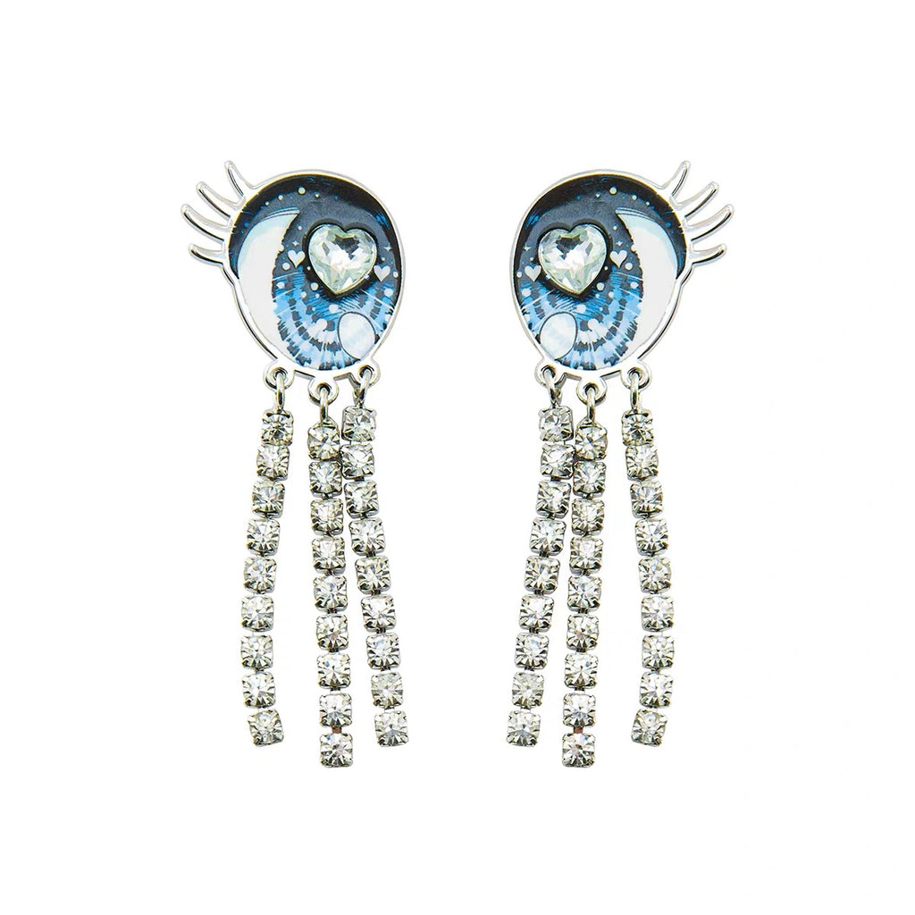 Blue Eye Heart Crystal Tassel Earrings