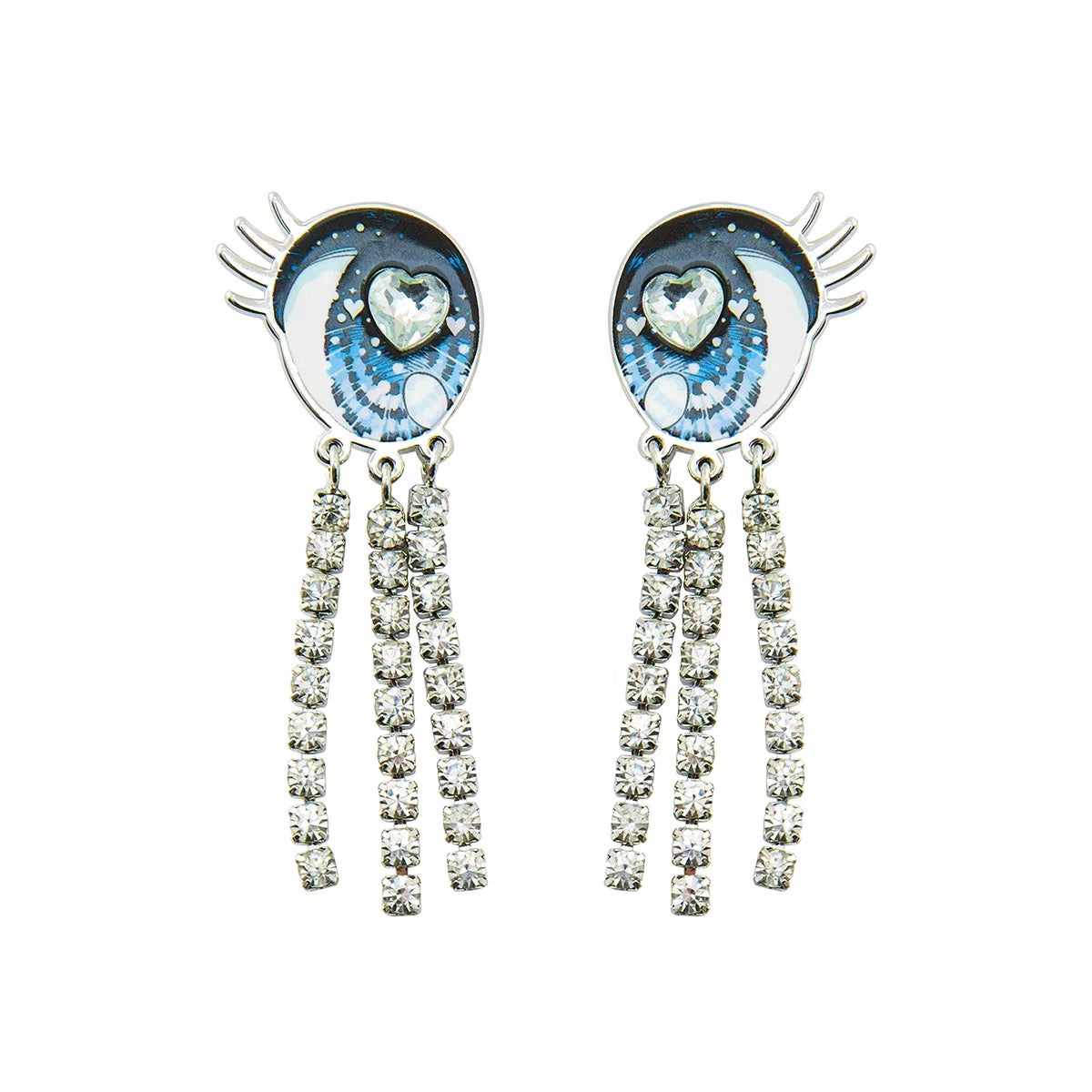 Blue Eye Heart Crystal Tassel Earrings